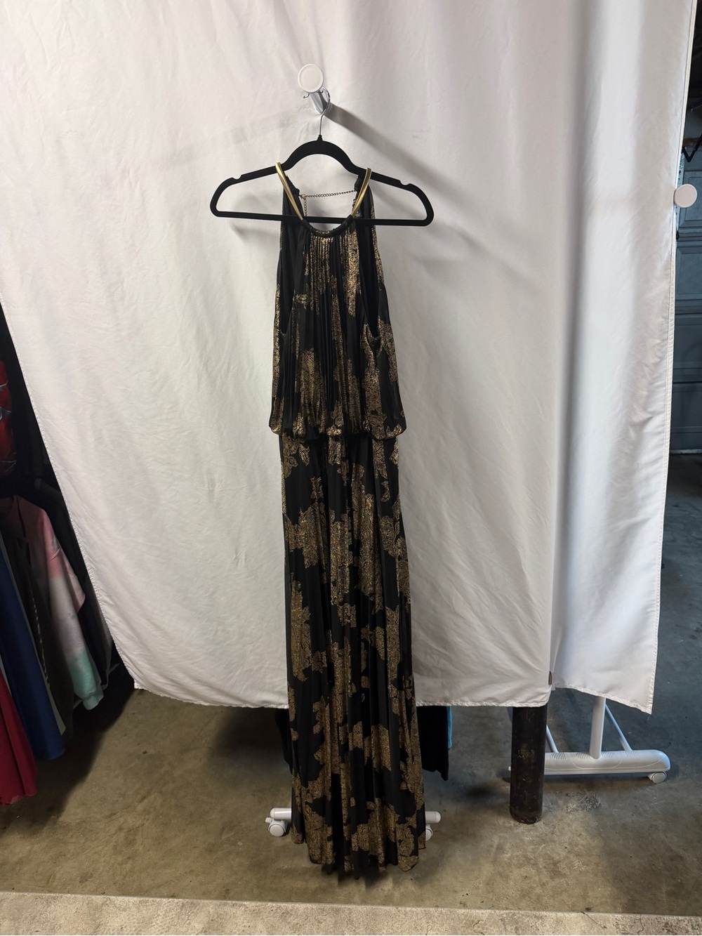 MSK Black Maxi Dress with Gold Metallic Print